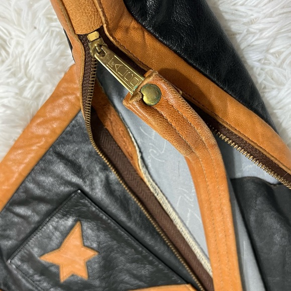 TIMMY WOODS 1977 Vintage Leather Triangle Wristlet Handbag Purse Pouch Black Tan - Picture 4 of 6